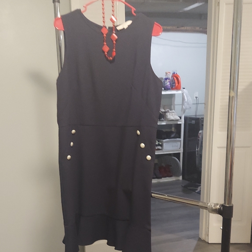 LOFT Navy Sleeveless Midi Dress with Button Accents